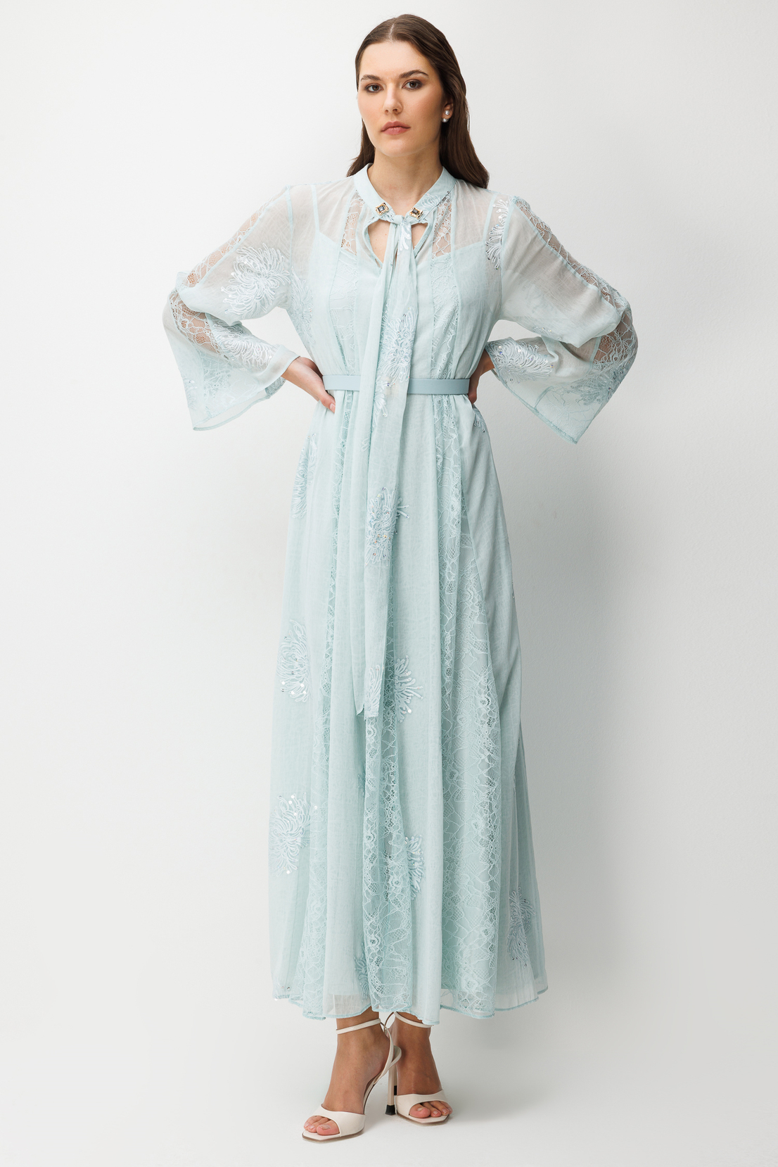 Yaka Şal Bağlama Detay Dantel Şeritli Maxi Boy Elbise MAVİ