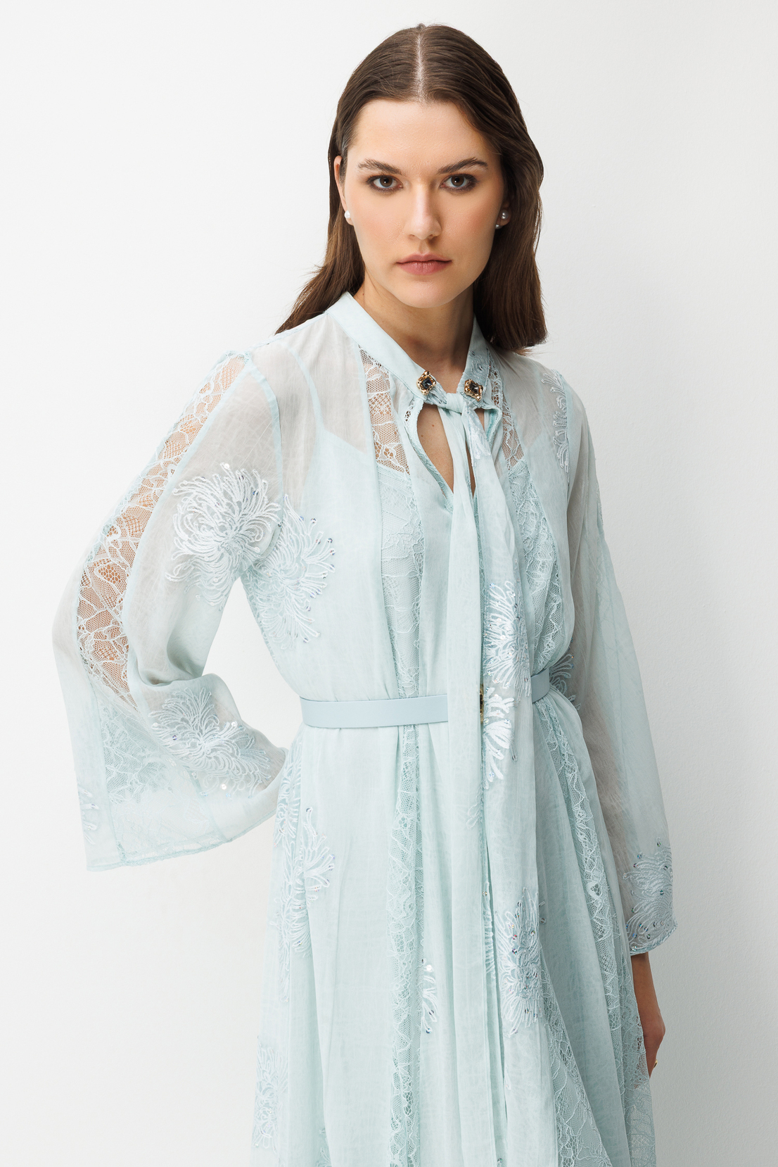 Yaka Şal Bağlama Detay Dantel Şeritli Maxi Boy Elbise MAVİ