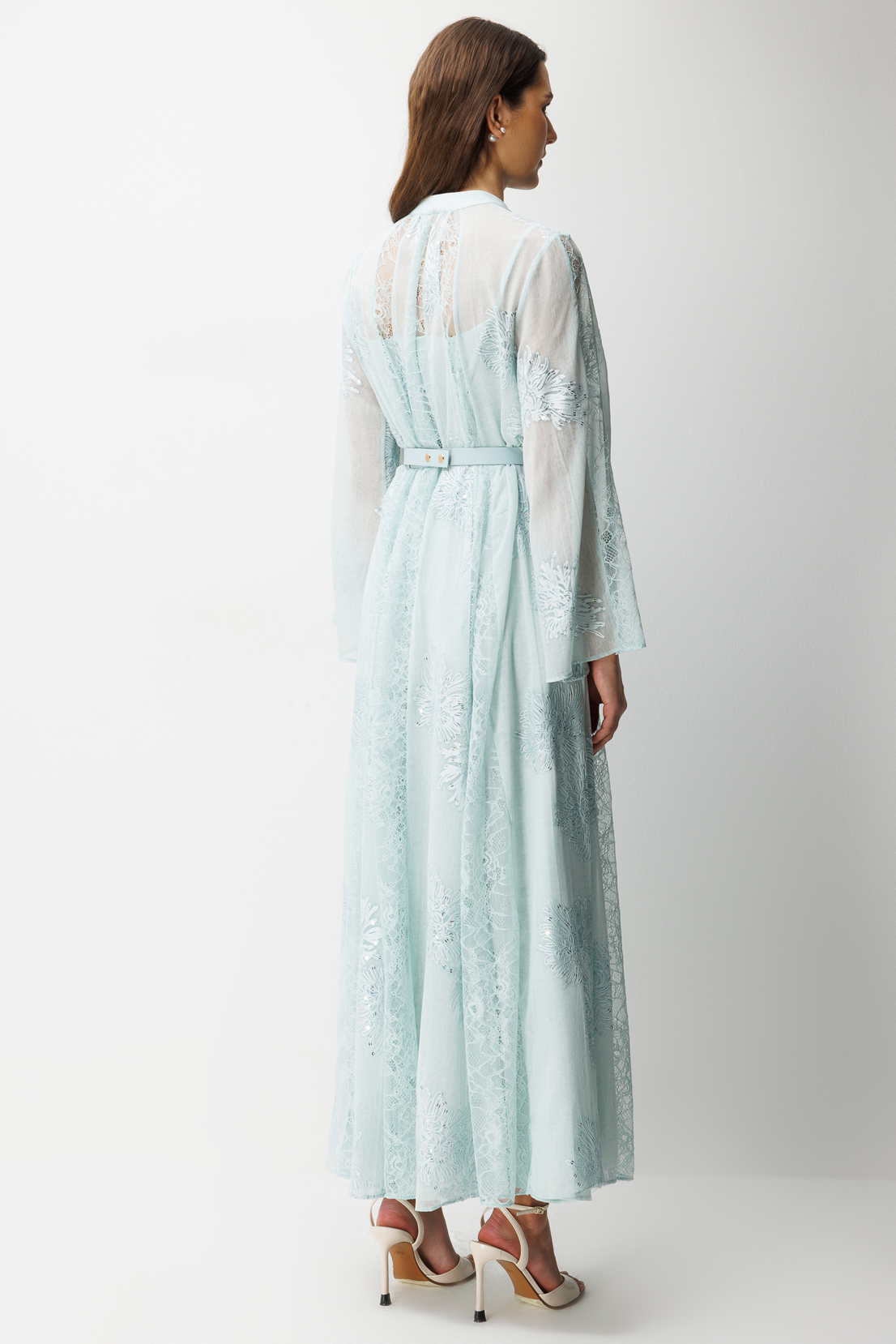 Yaka Şal Bağlama Detay Dantel Şeritli Maxi Boy Elbise MAVİ