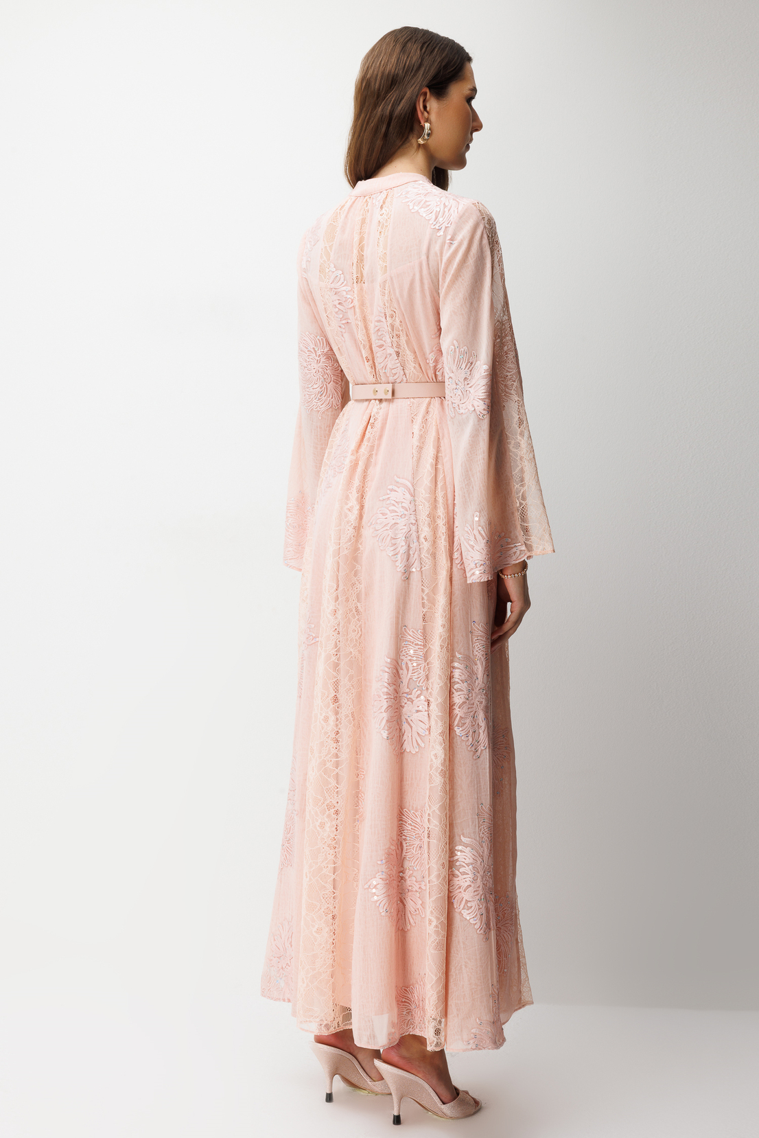 Yaka Şal Bağlama Detay Dantel Şeritli Maxi Boy Elbise PUDRA