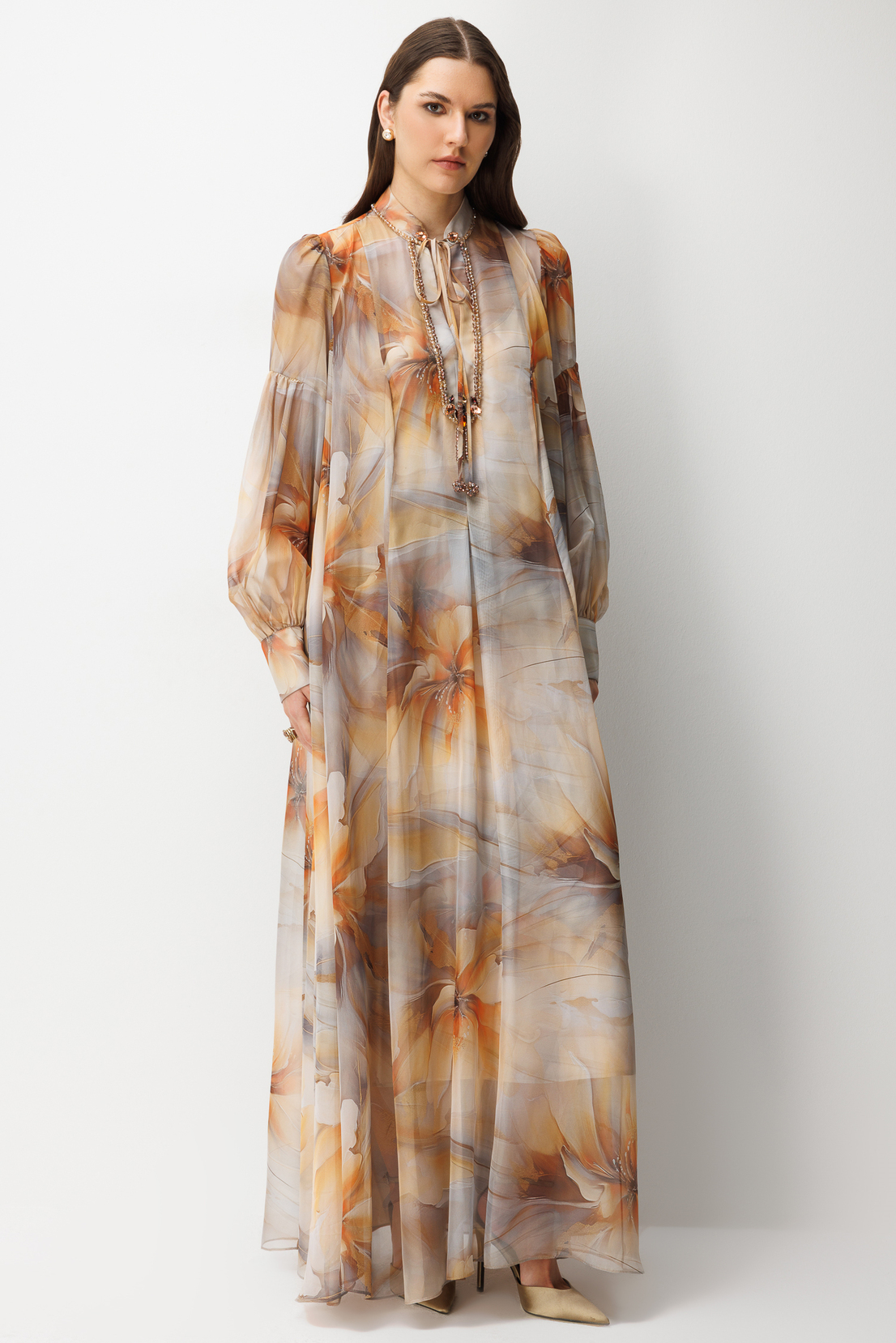 Yaka Taş İşlemeli Dijital Elbise CAMEL