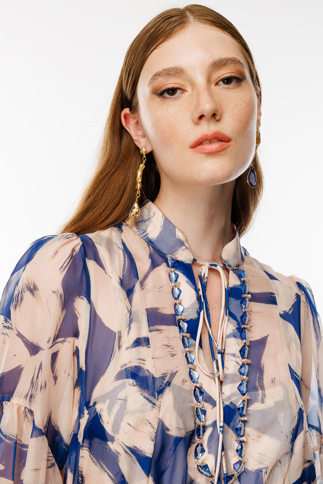 Yaka Taş İşlemeli Dijital Elbise SAKS