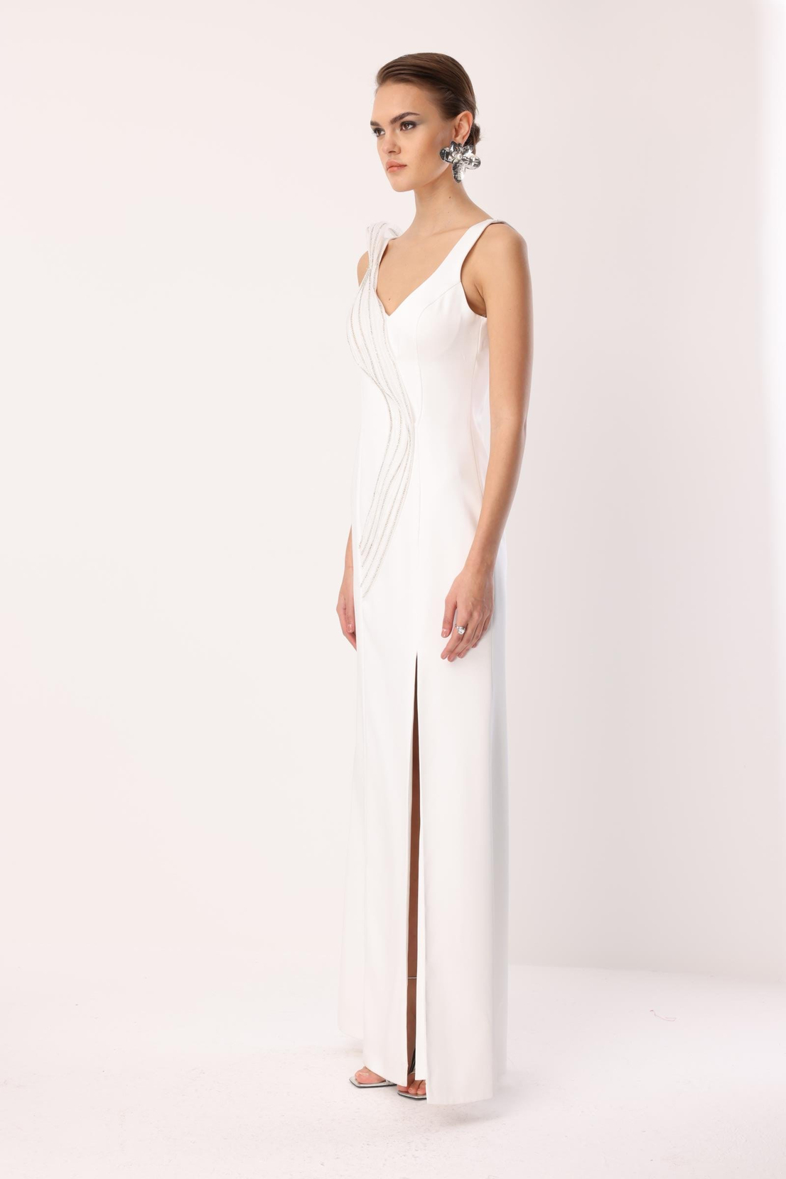 Yaka Volan Detay Yırtmaçlı Maxi Abiye EKRU