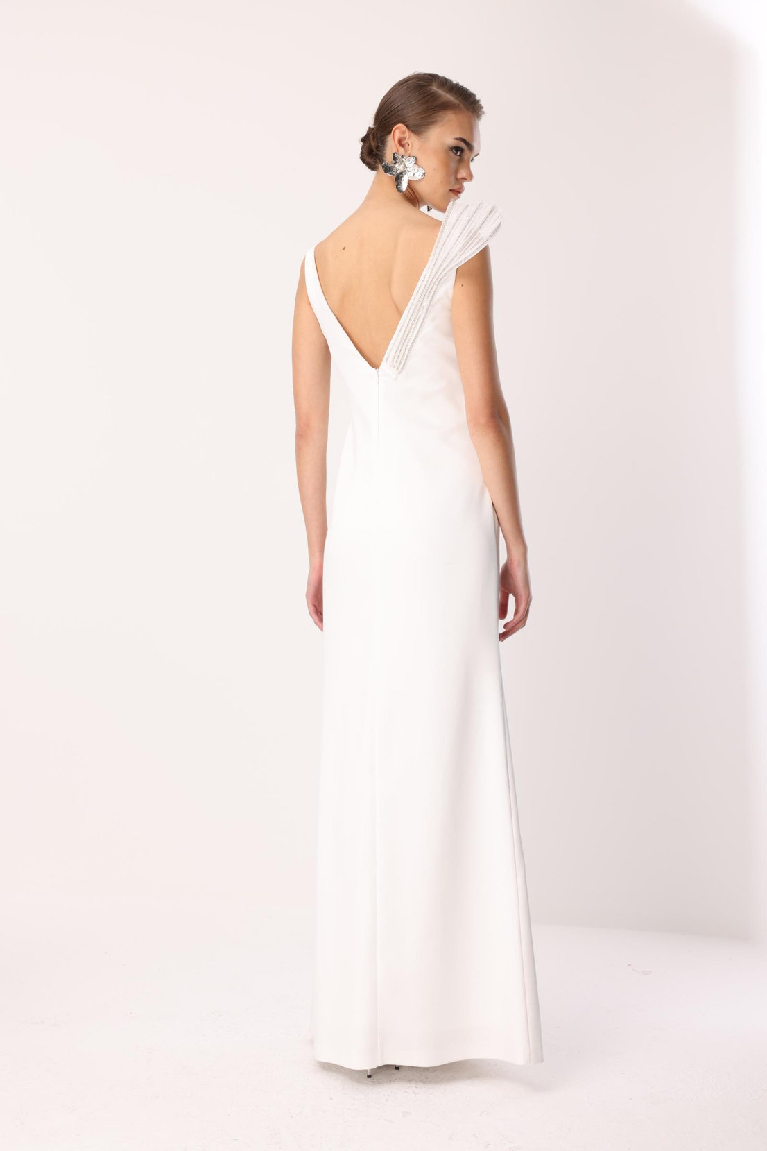 Yaka Volan Detay Yırtmaçlı Maxi Abiye EKRU