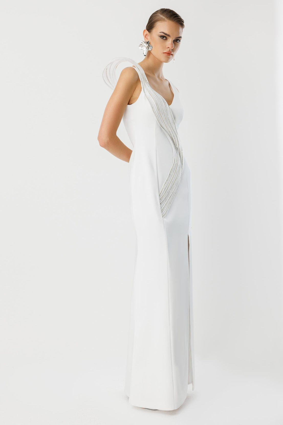 Yaka Volan Detay Yırtmaçlı Maxi Abiye EKRU