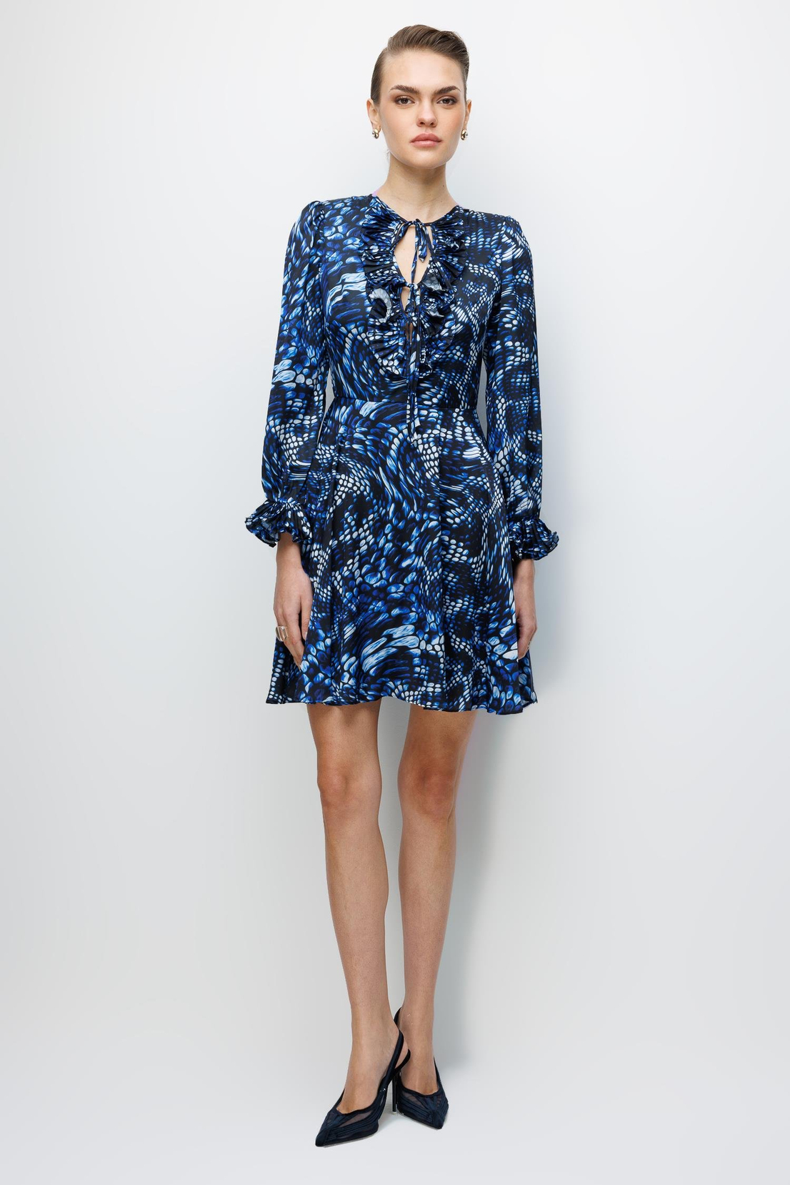 Yaka Volan  Detaylı Baskılı Şifon Mini Elbise MAVİ