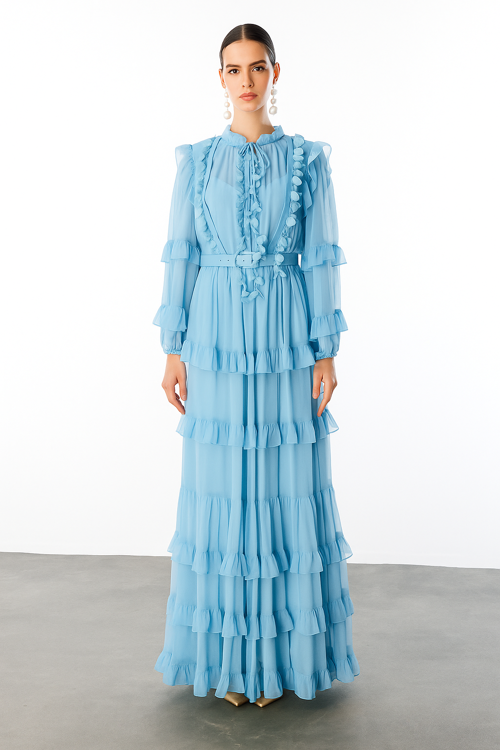 Yaka Volan Detaylı Maxi Boy Şifon Elbise BEBE MAVİ