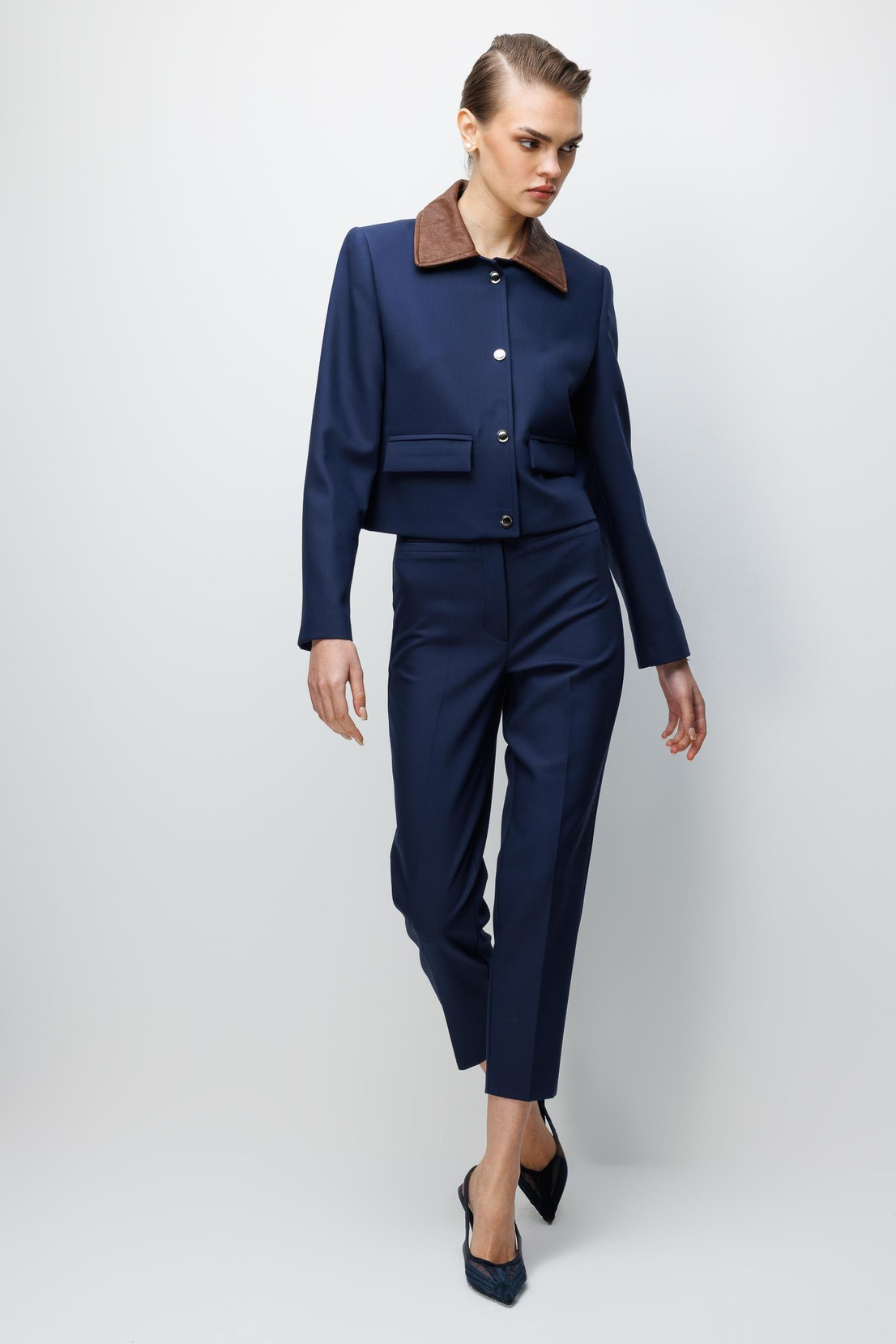 Yakası Deri Detaylı Ceket LACİVERT