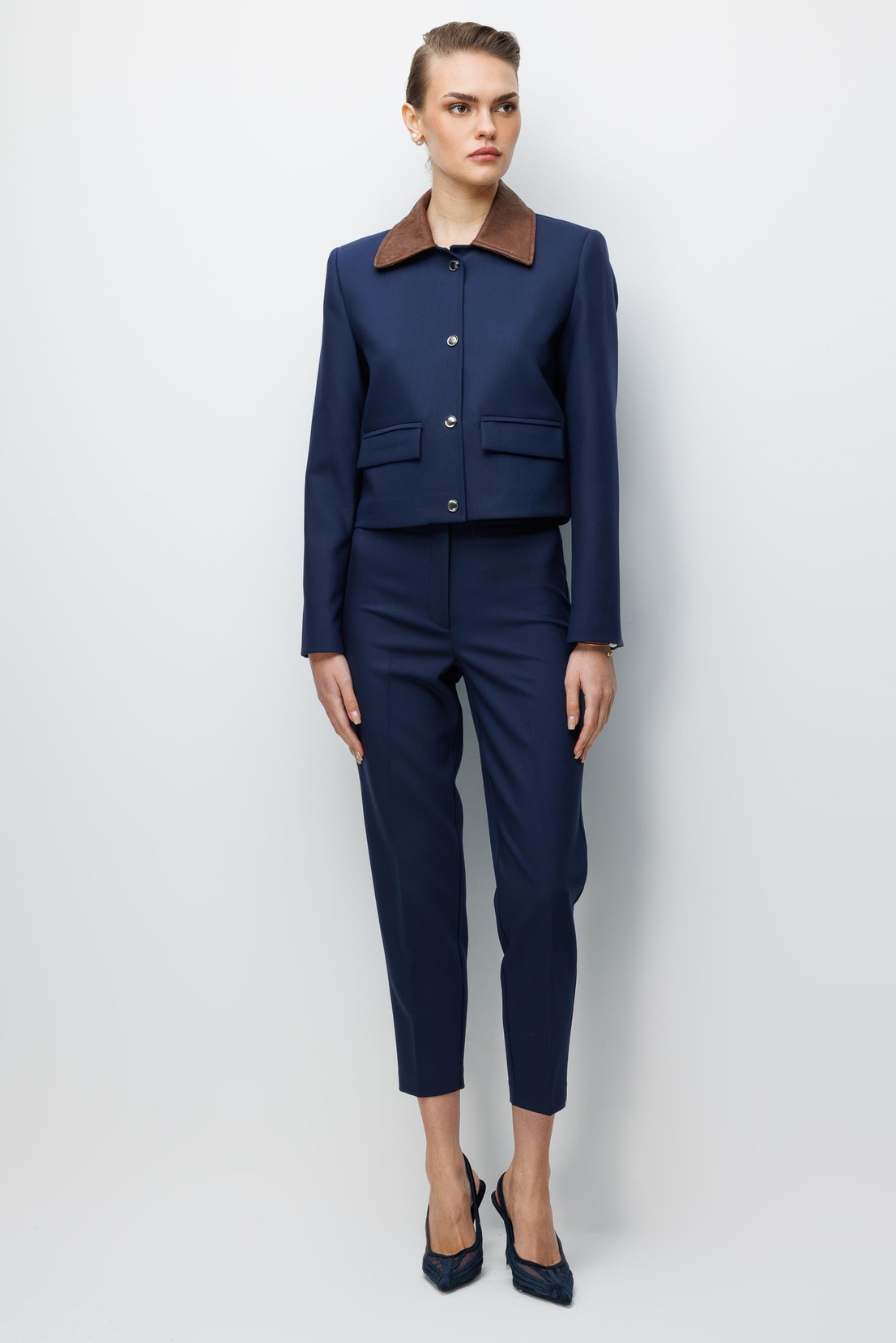 Yakası Deri Detaylı Ceket LACİVERT