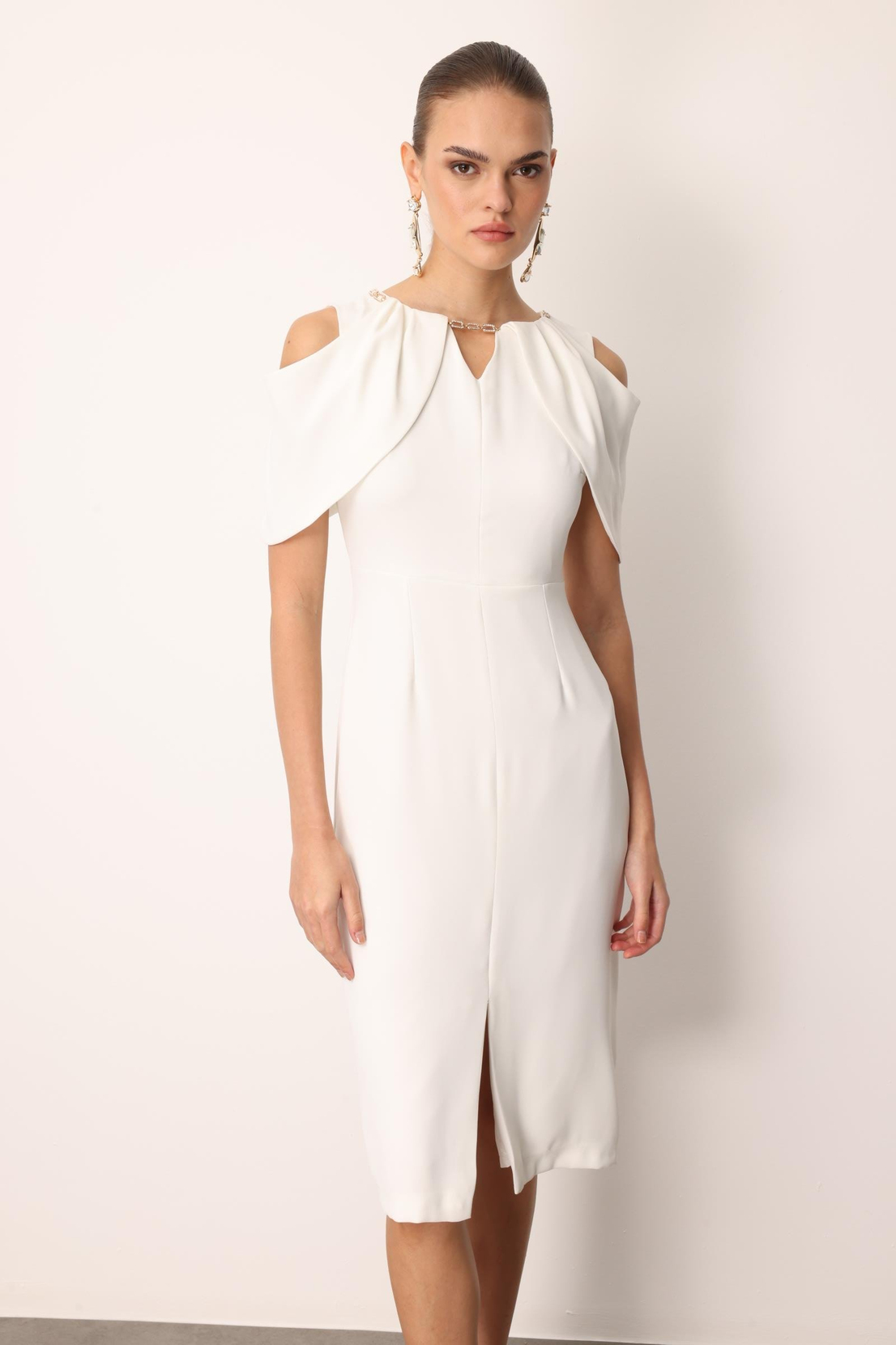 Stoned Chain Collar Midi Dress WHITE