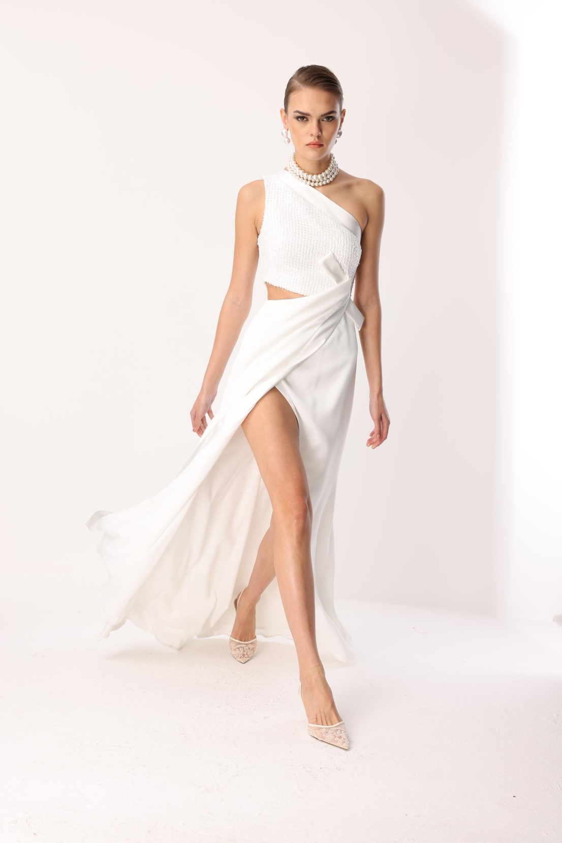 Yandan Fiyonk Uzun Elbise EKRU