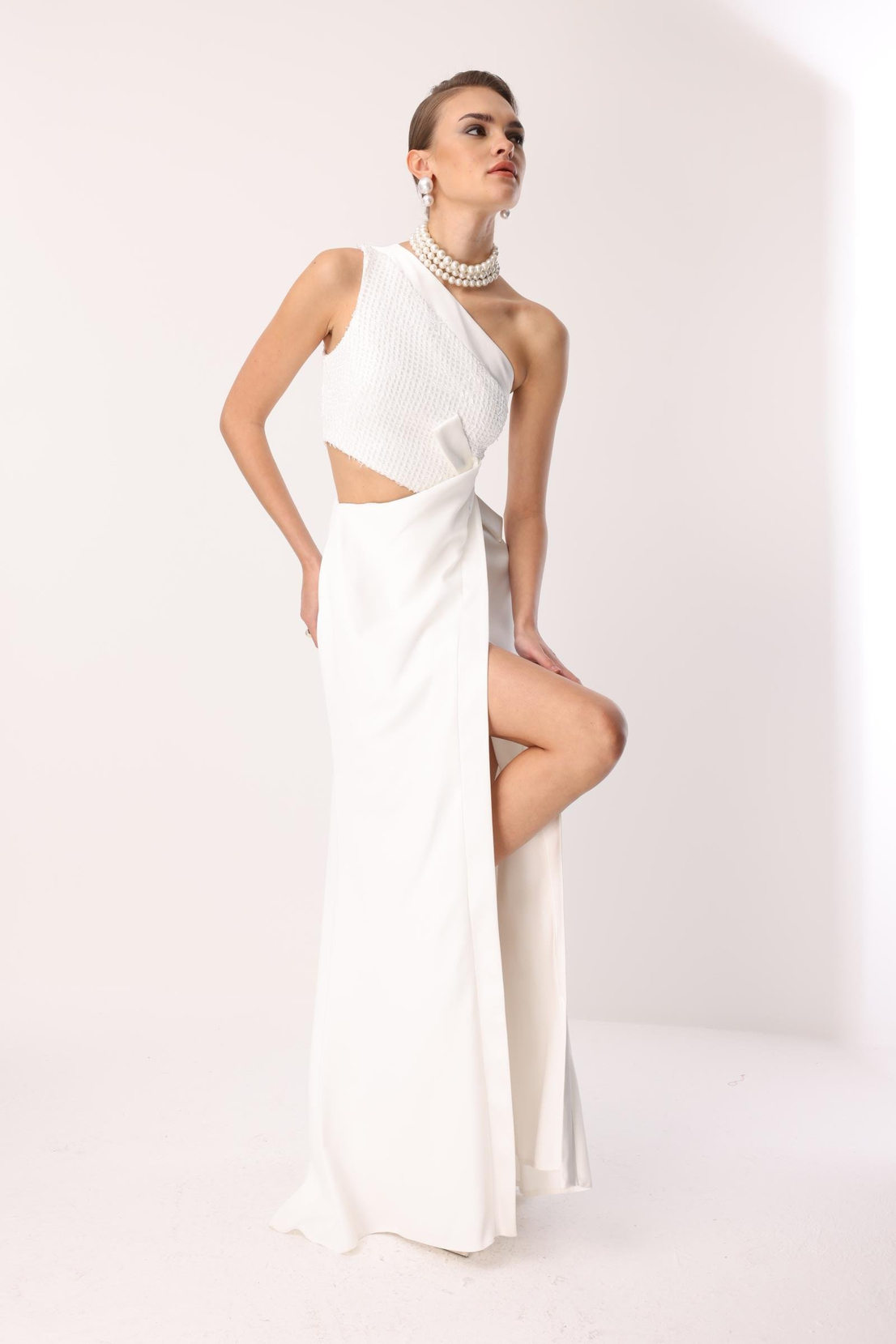 Yandan Fiyonk Uzun Elbise EKRU