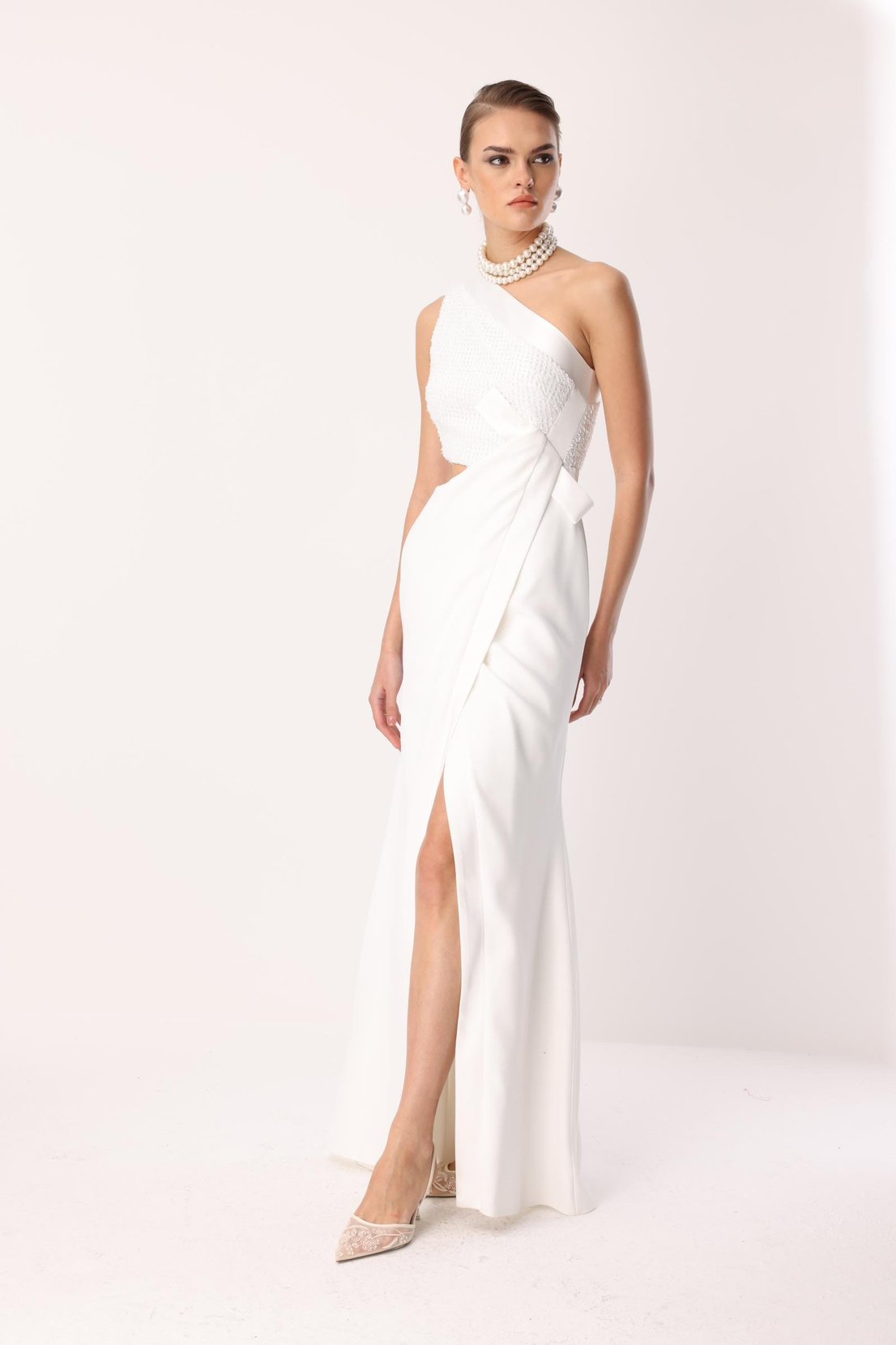 Yandan Fiyonk Uzun Elbise EKRU