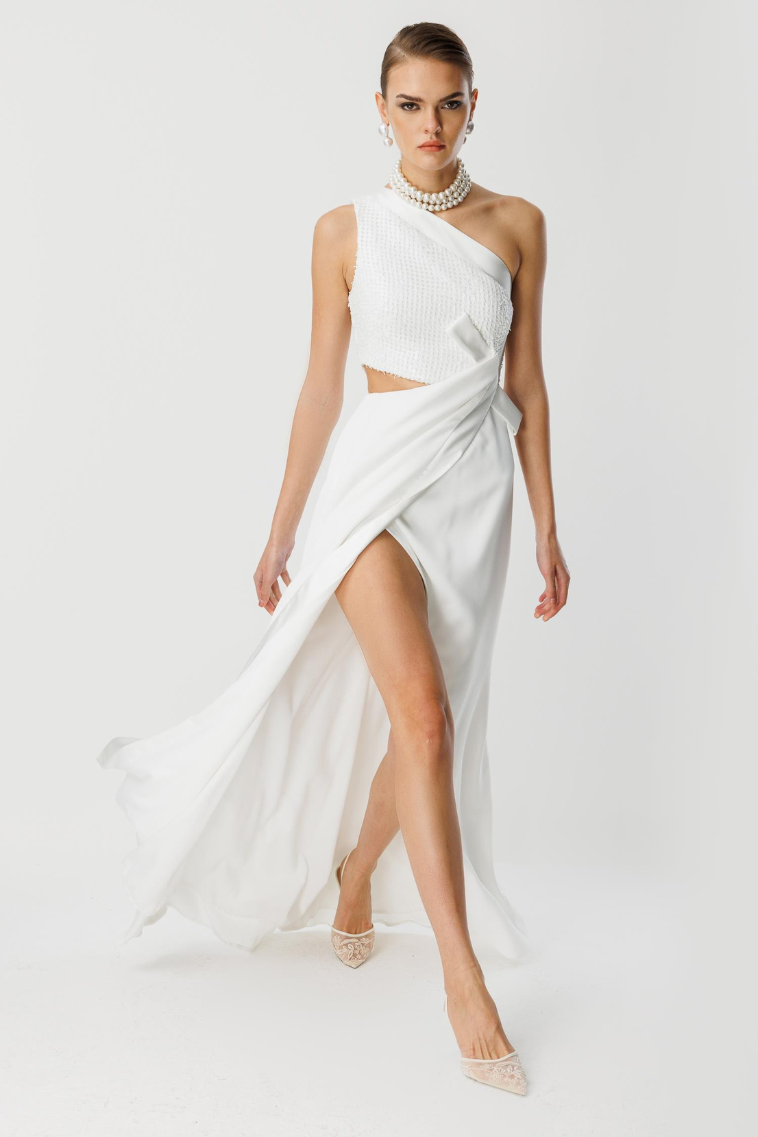 Yandan Fiyonk Uzun Elbise EKRU