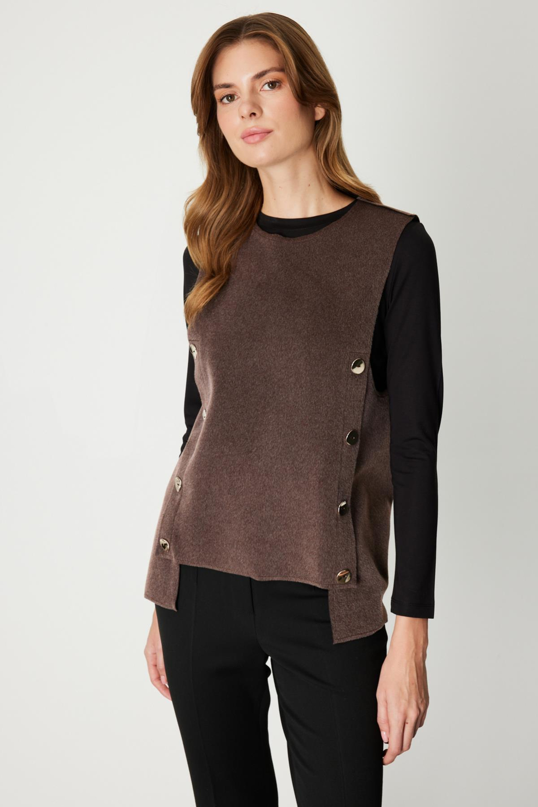 Yanları Düğmeli Sıfır Yaka Süveter KAHVE