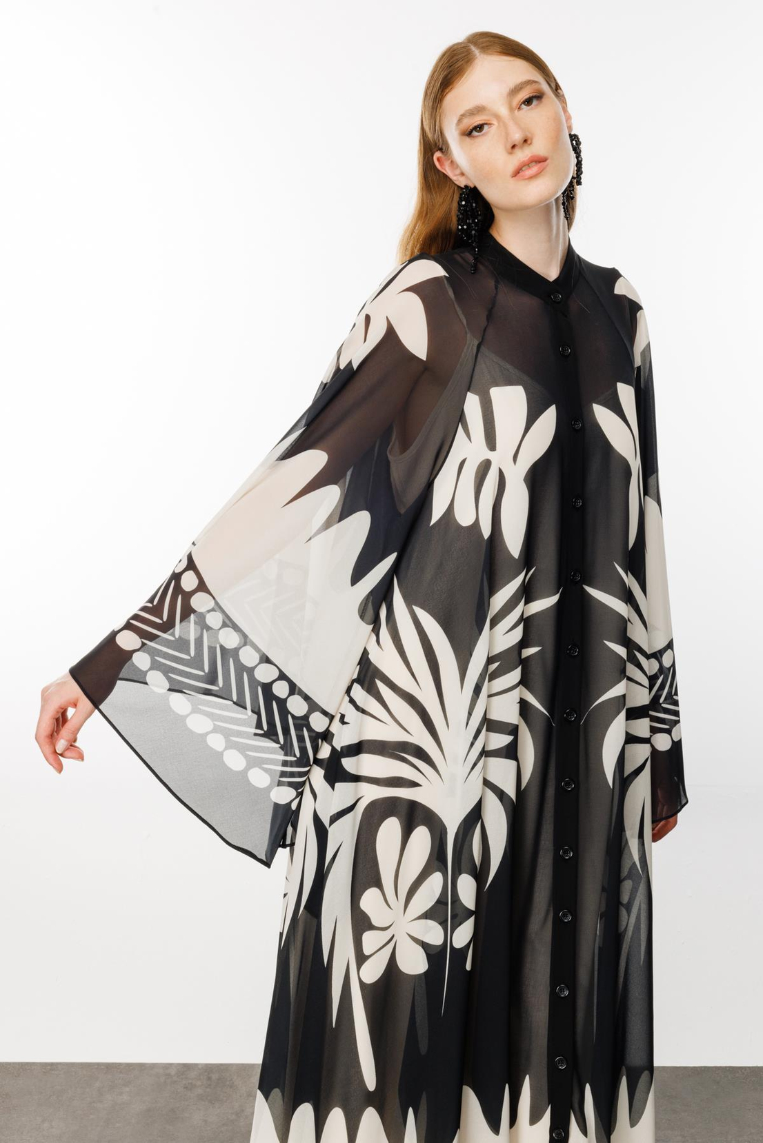 Yarasa Kol Floral Desen Abaya SİYAH