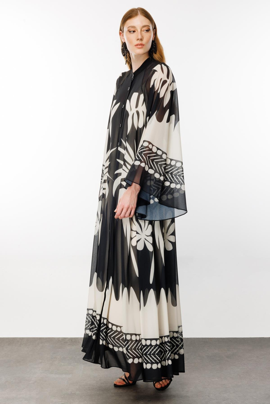 Yarasa Kol Floral Desen Abaya SİYAH