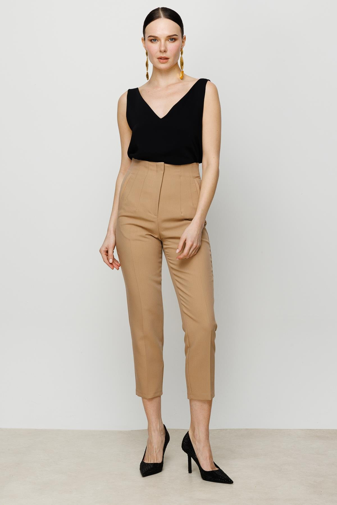 Yüksek Bel Taba Krep Pantolon