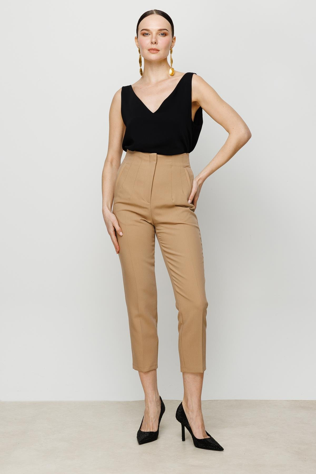 Yüksek Bel Taba Krep Pantolon