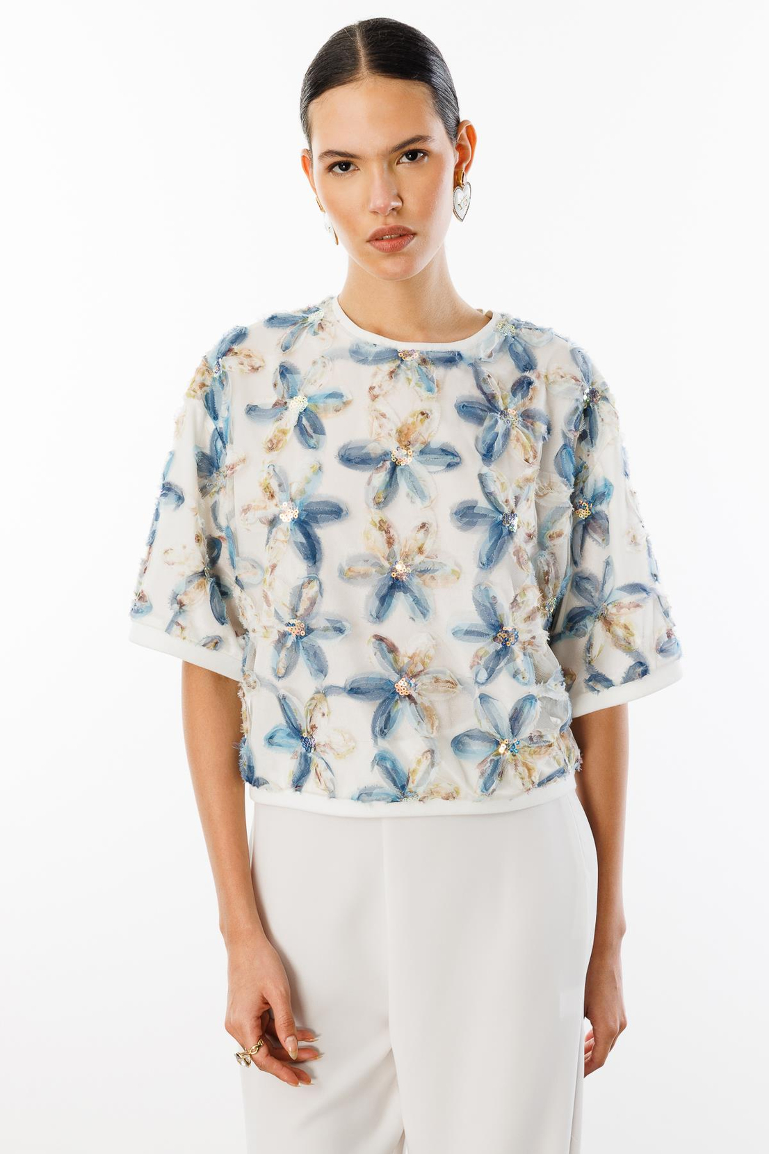 Yuvarlak  Yaka Oversize Pullu  Çiçekli Bluz DESENLİ