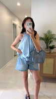 Balle Mavi Fırfırlı Bluz