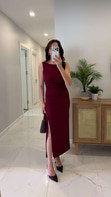 Bista Bordo Drape Detaylı Yırtmaçlı Elbise