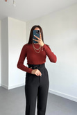 Kiremit Rengi Dik Yaka Işıltılı Bluz