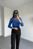 Lacivert Mavi Çizgili Triko Bluz