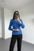 Lacivert Mavi Çizgili Triko Bluz