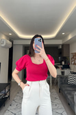 Pembe Kare Yaka Bluz