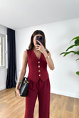Bonte Bordo Gold Düğmeli Yelekli Takım