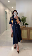 Butre Dark Blue Kısa Kollu Kuşaklı Elbise