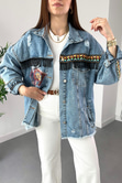 Mavi Etnik Desenli Püsküllü Denim Ceket