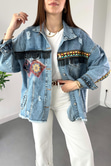 Mavi Etnik Desenli Püsküllü Denim Ceket