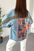 Mavi Etnik Desenli Püsküllü Denim Ceket