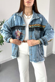Mavi Etnik Desenli Püsküllü Denim Ceket