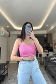 Pembe İp Askılı Örme Crop
