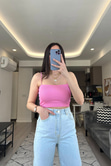 Pembe İp Askılı Örme Crop