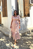 Crispy Pembe Desenli Gipe Detaylı Elbise