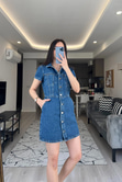 Düğme Detaylı Jean Elbise