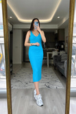 Mavi Askılı Fitilli Elbise