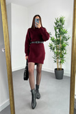 Mng Bordo Boğazlı Triko Elbise