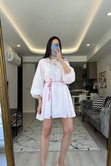 Mng Kuşaklı Beyaz Elbise