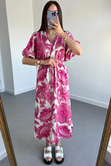Pembe Kruvaze Yaka Keten Maxi Boy Elbise
