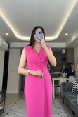 Pembe Önü Düğümlü Vatkalı Elbise