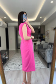 Pembe Önü Düğümlü Vatkalı Elbise
