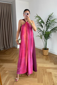 Pinke Pembe Çok Renkli Halter Yaka Elbise