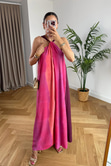 Pinke Pembe Çok Renkli Halter Yaka Elbise