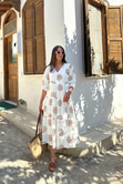 Princess Beyaz V Yaka Geometrik Detaylı Elbise