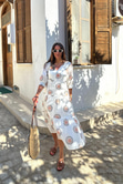 Princess Beyaz V Yaka Geometrik Detaylı Elbise